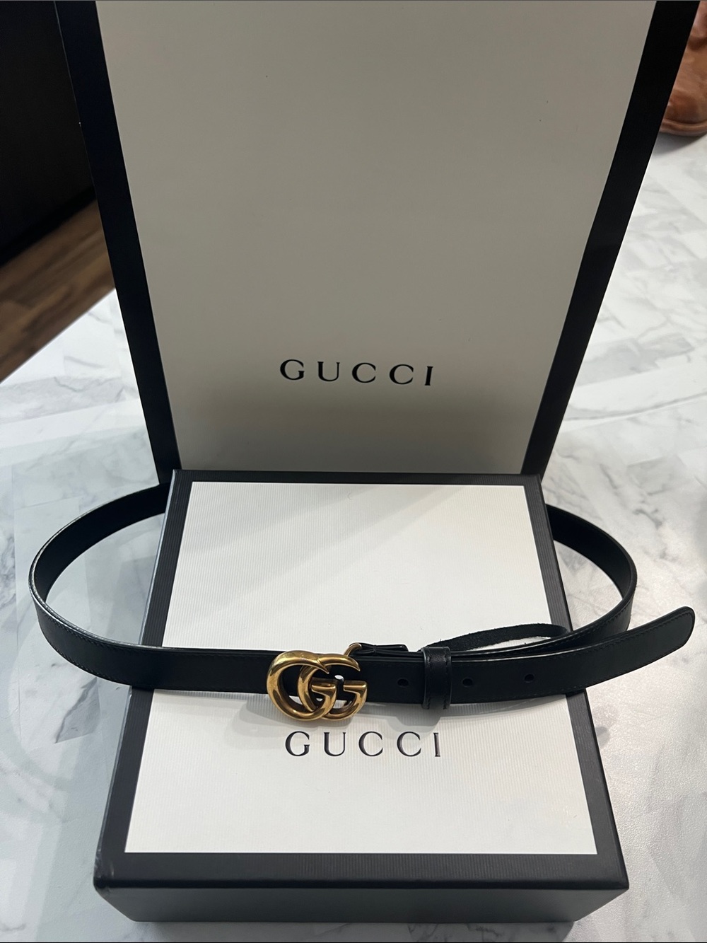 Gucci Black Leather Belt with Gold Double G Interlocking Buckle